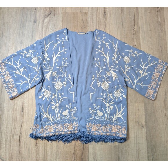 Soft Surroundings Size S/M Hidden Garden Fringe Blue Cream Embroidered Kimono - Picture 10 of 11